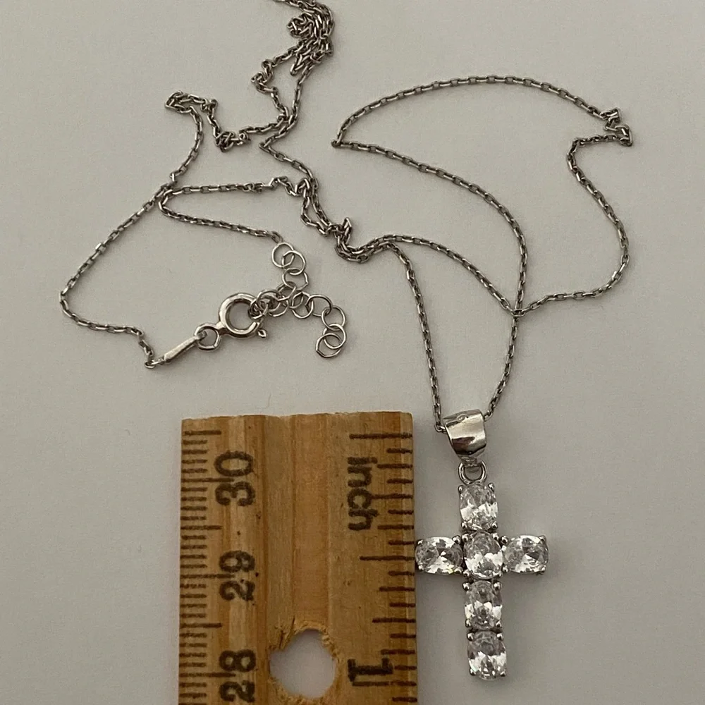 925 Silver cross necklace oval clear cubic zirconia cz stones